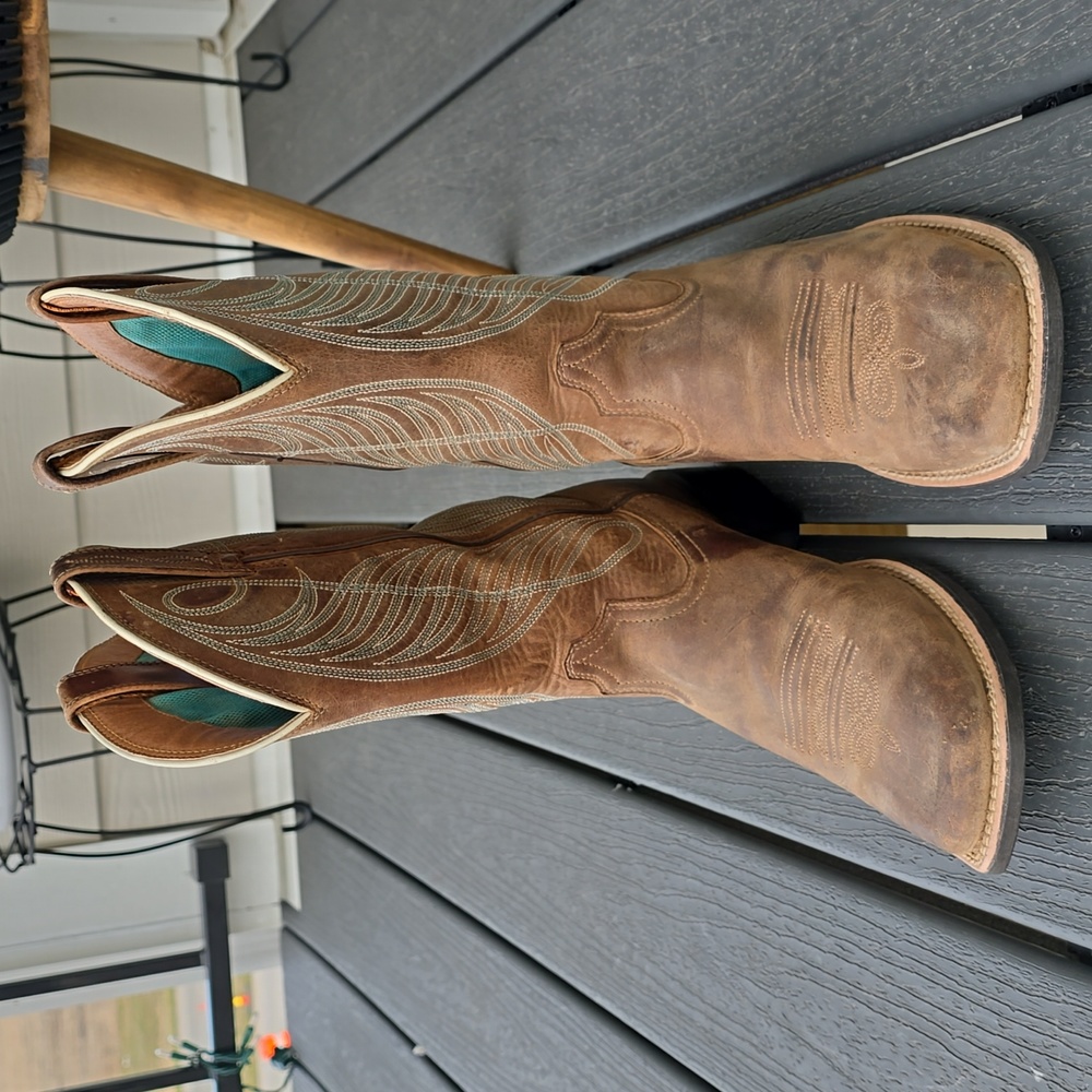 Ariat Round Up Wide Square Toe Aqua Detail Brown Nubuck Western Cowboy Boots 8.5
